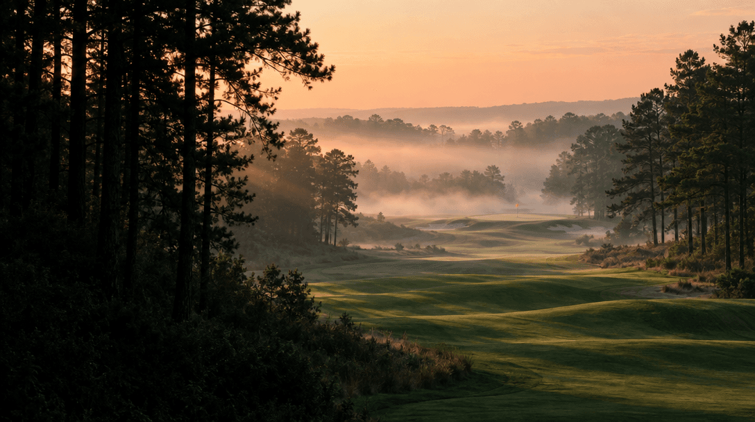 A quiet golf fairway in soft morning light